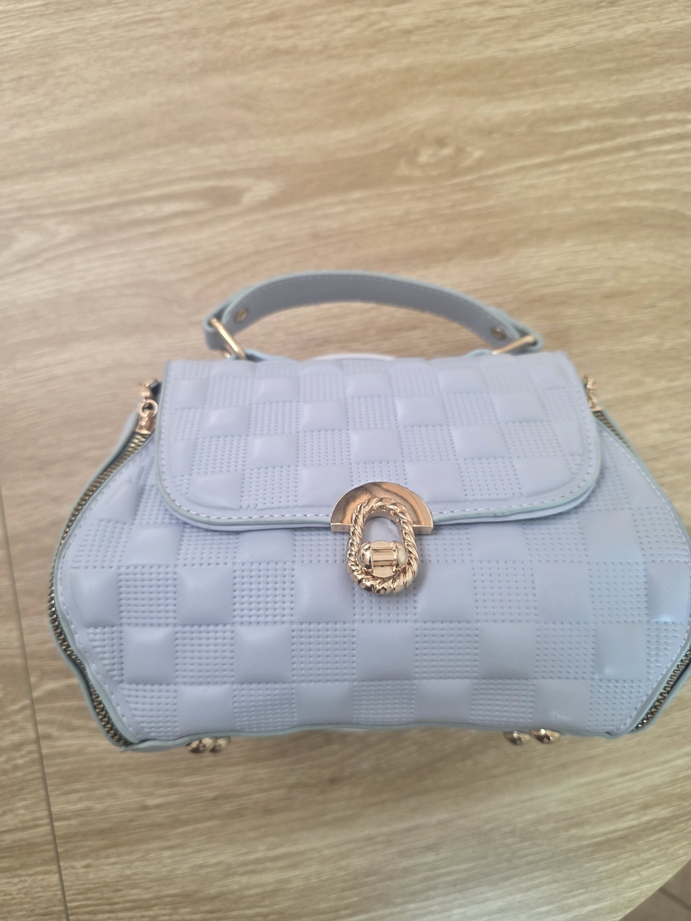 Pastel Blue Quilted Mini Top-Handle Bag with Gold Hardware